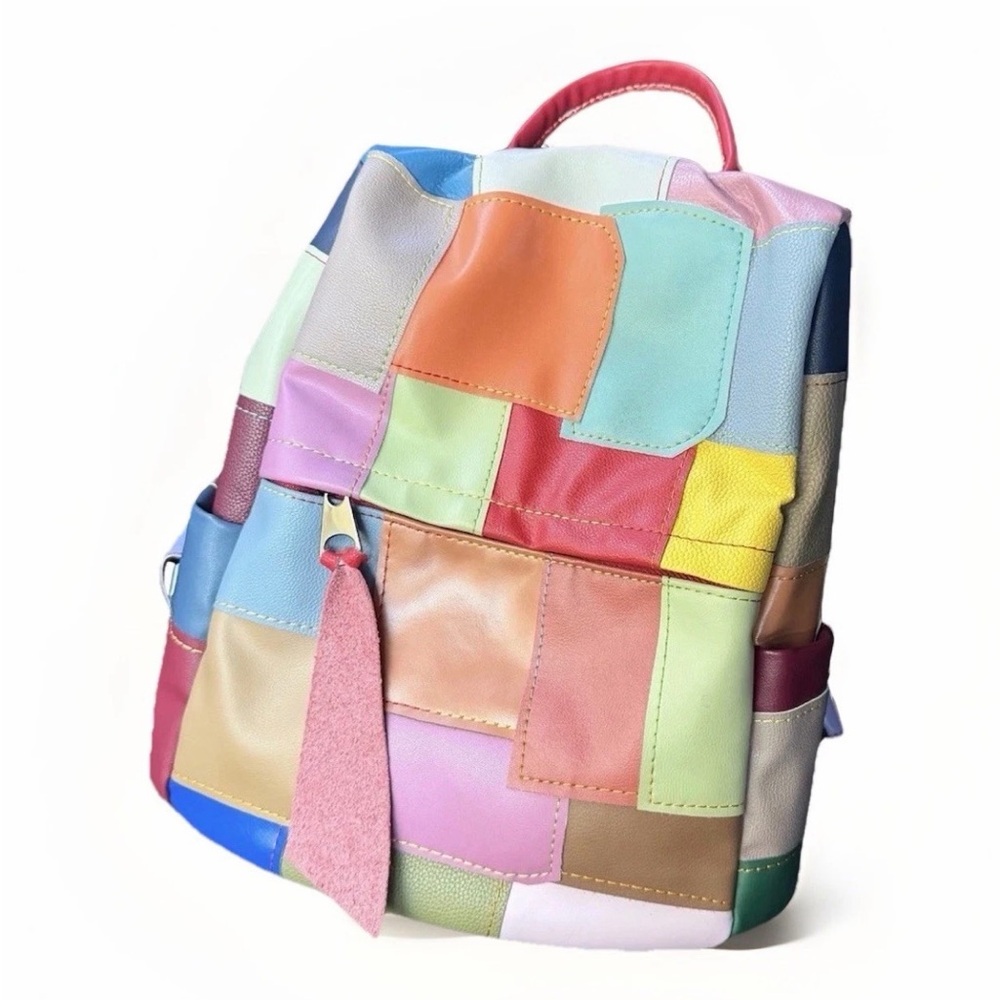 VTG Les Boerlb Patchwork Leather Backpack 15” Large Multi Color Boho Retro